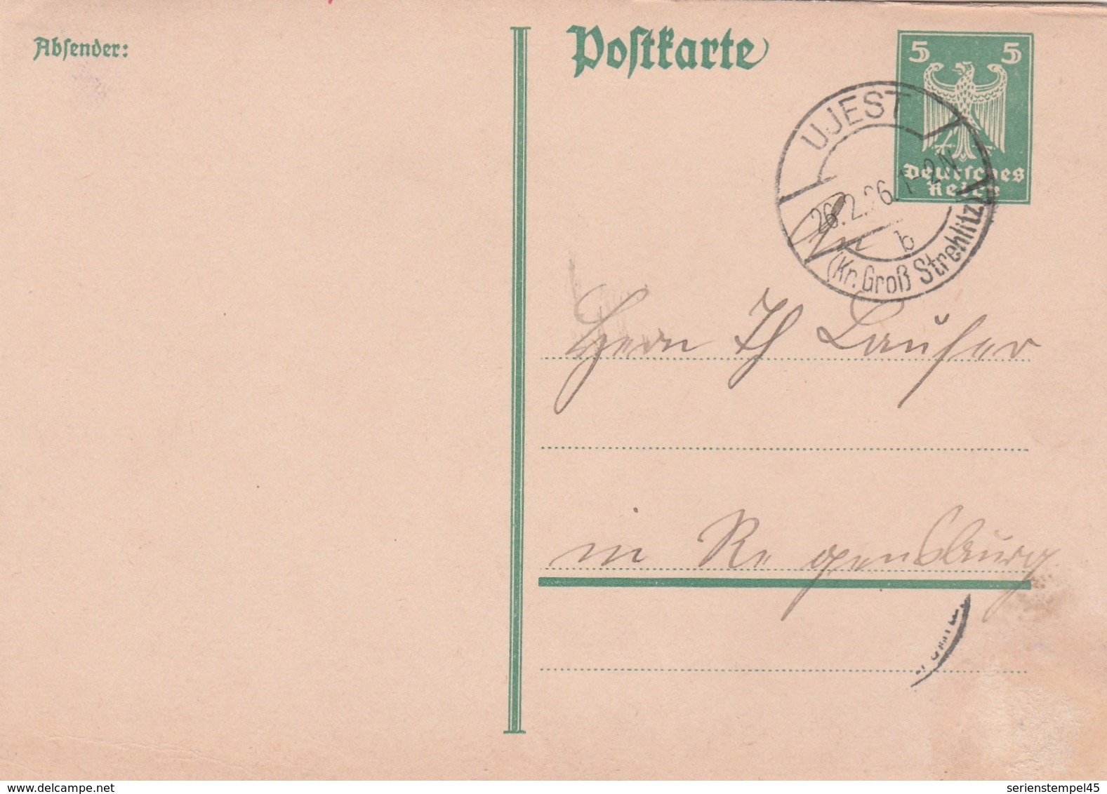 Schlesien Deutsches Reich Karte Mit Tagesstempel Ujest B Kr Groß Strehlitz 1926 - Briefe U. Dokumente