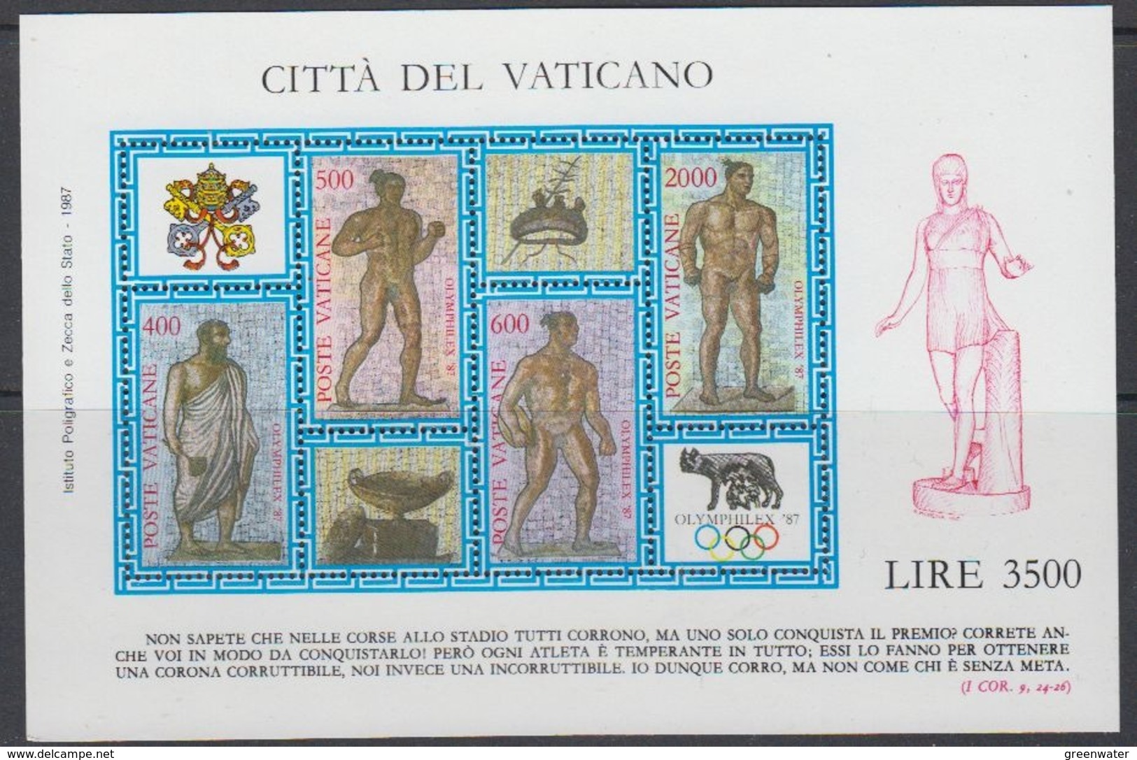 Vatican City 1987 Olymphilex M/s ** Mnh (45221) - Blokken & Velletjes