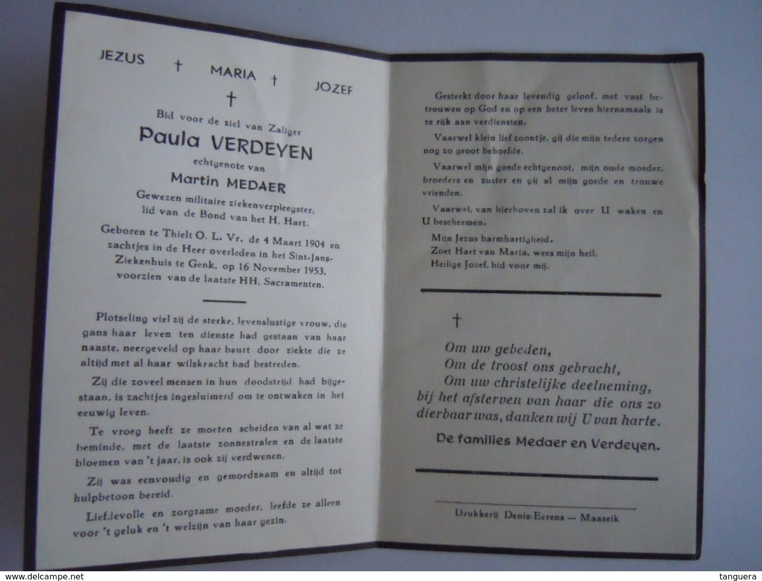 Doodsprentje Paula Verdeyen Gewezen Militaire Ziekenverpleegsters °Thielt 1904 +Genk 1953 Echt. Martin Medaer - Images Religieuses