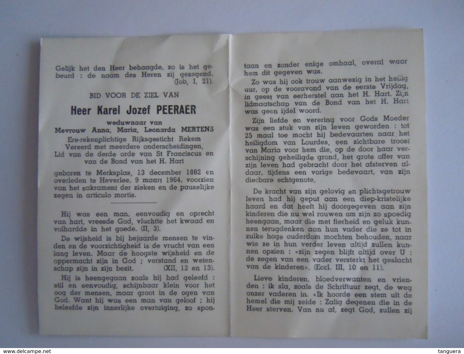 Doodsprentje Karel Jozef Peeraer Werkte In Het Rijksgesticht Te Rekem °Merksplas 1882 +Heverlee 1964 Wed. Anna Mertens - Images Religieuses