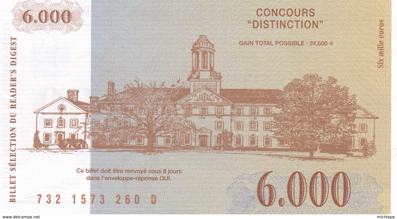 Billet Factice 6000€  Concours   Tres Bon état - Specimen