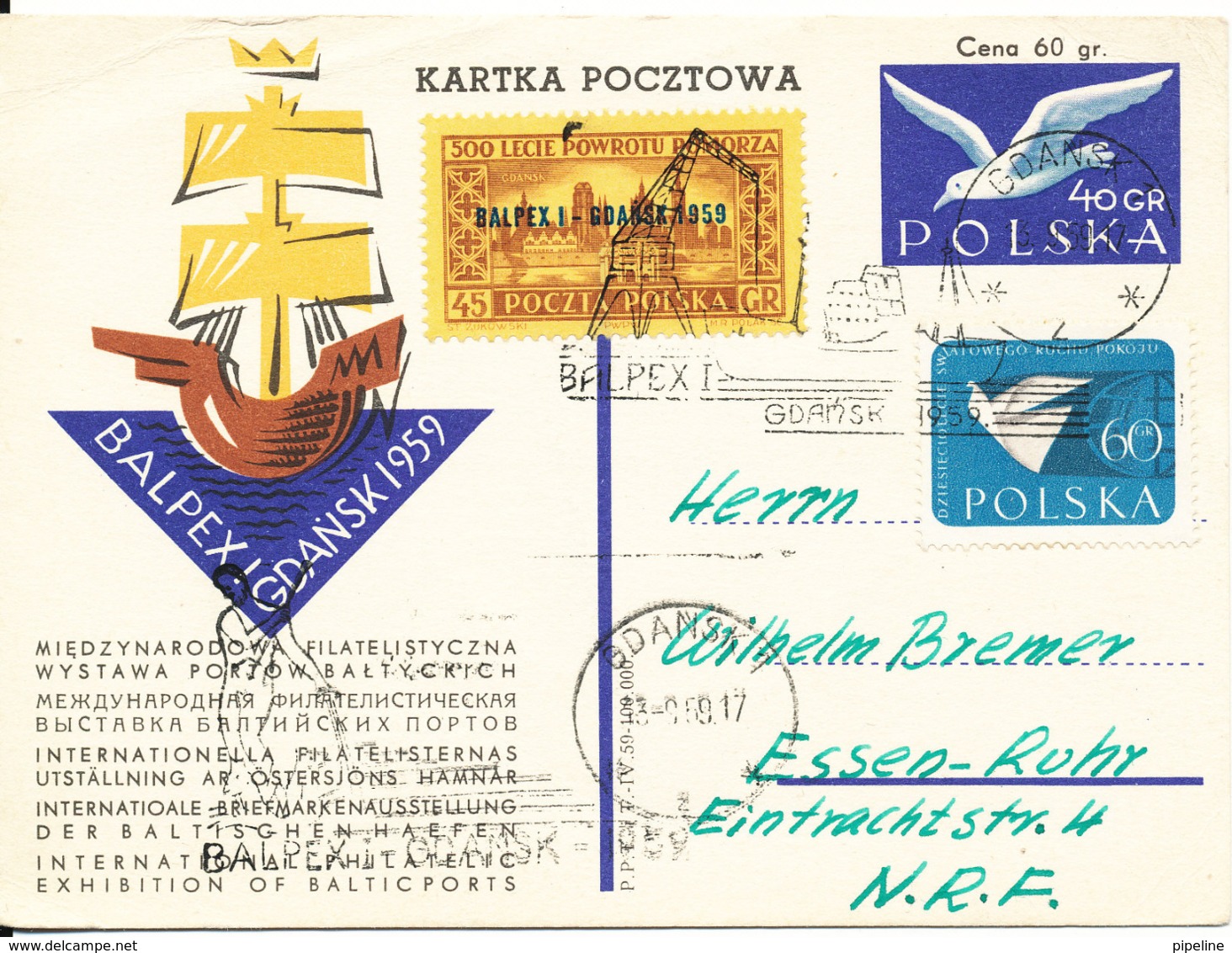 Poland Post Card BALPEX Gdansk 1959 Sent To Germany 13-9-1959 (the Card Is A Little Bended At The Top In The Left Side) - Covers & Documents