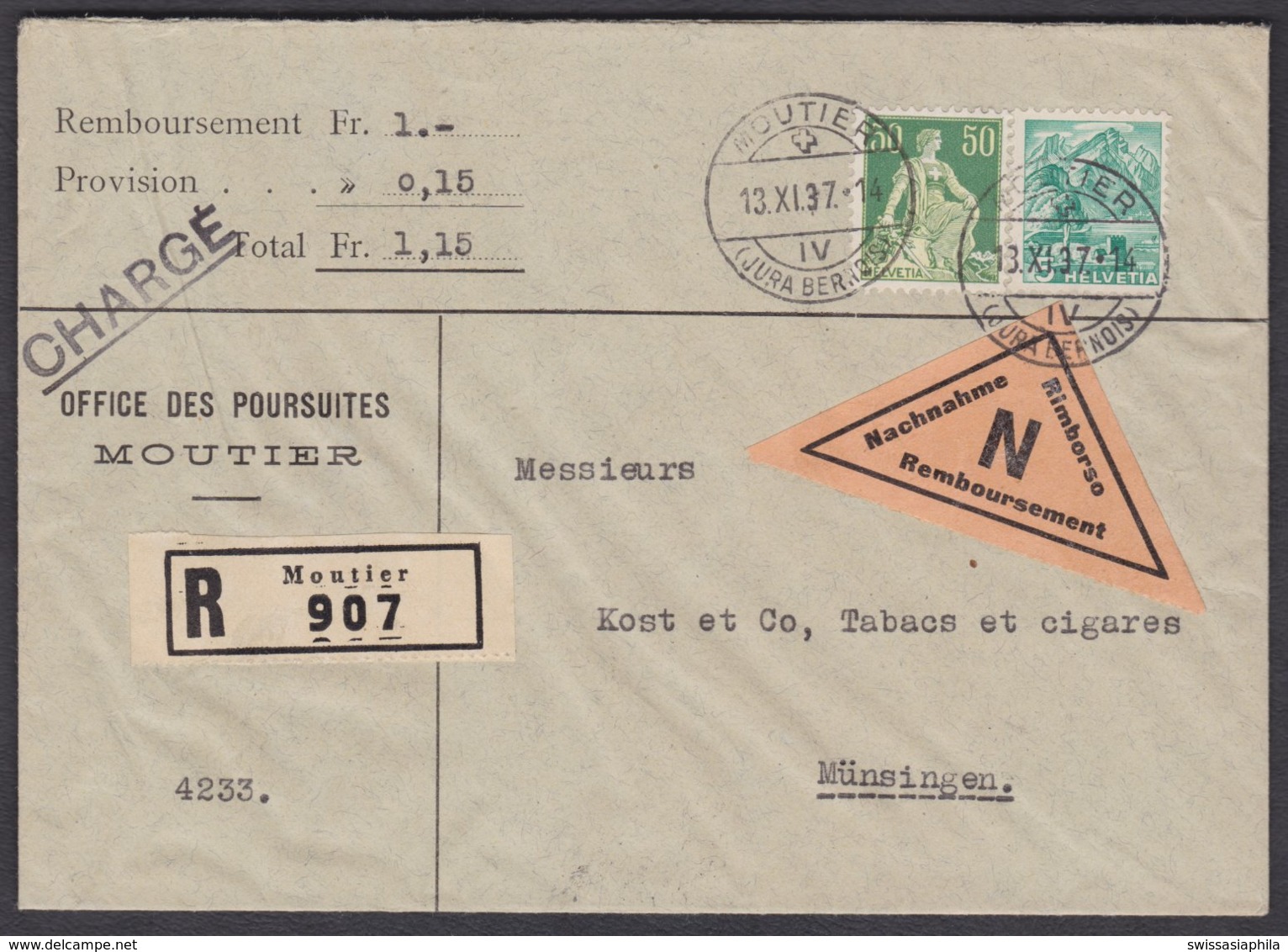 NACHNAHME - MOUTIER - MUENSINGEN /  FRANKATUR 113 Z + 202 - Lettres & Documents