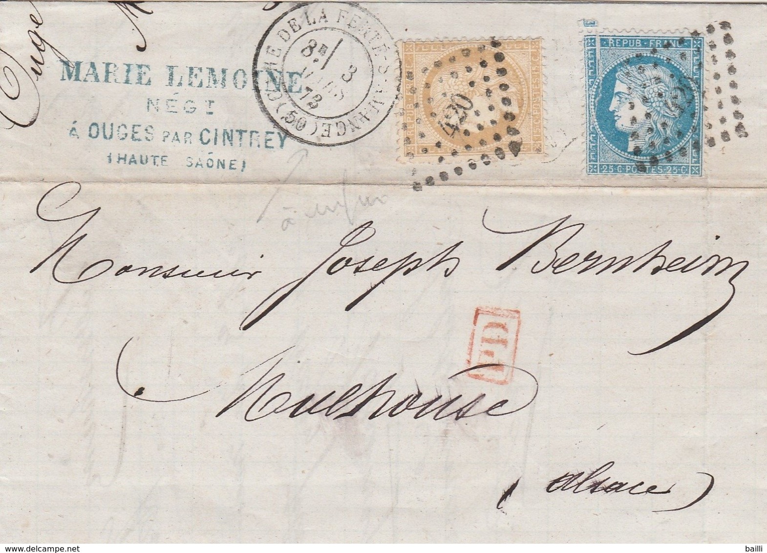 France Lettre Ouges Par Cintrey Pour L'Alsace 1873 - 1849-1876: Classic Period