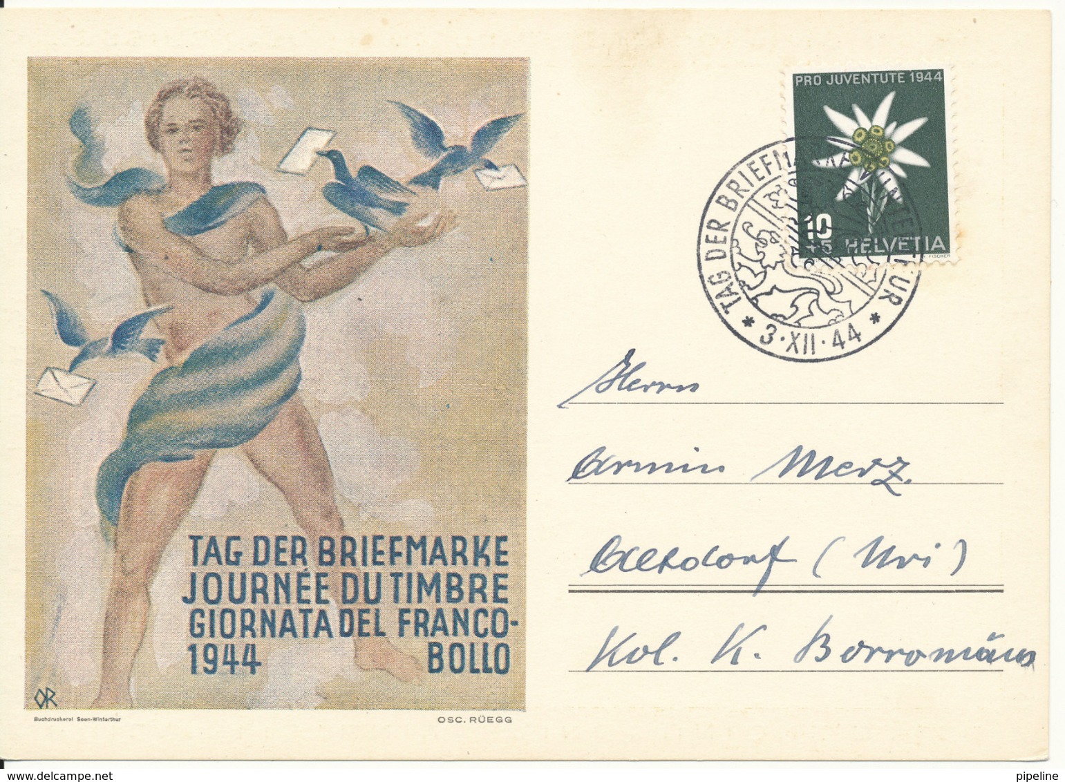 Switzerland Stamp's Day 3-12-1944 Nice Card With Cachet - Stamp's Day