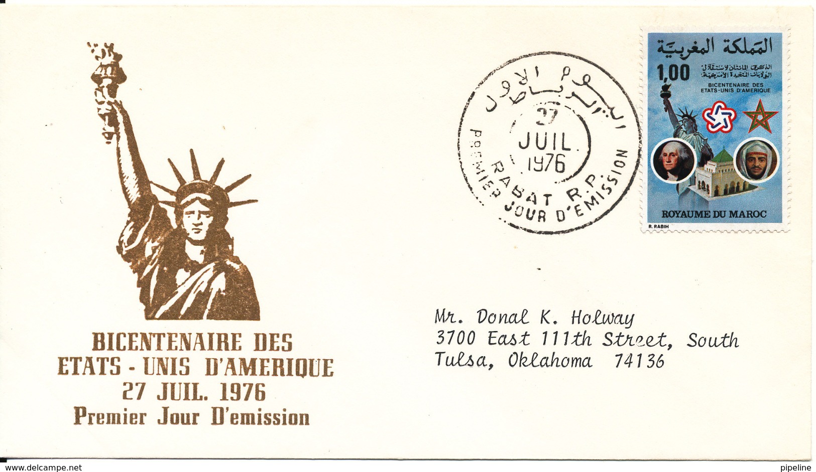 Morocco FDC 27-7-1976 U.S. Bi-Centennial 1776 - 1976 With Cachet - Morocco (1956-...)