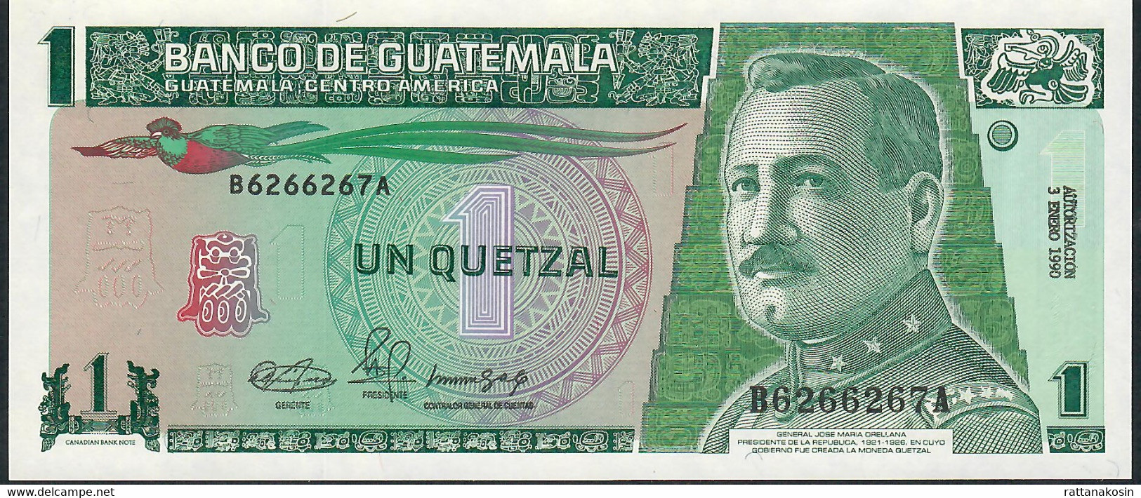 GUATEMALA  P73a 1 QUETZAL   3.1.1990    FIRST DATE  UNC. - Guatemala