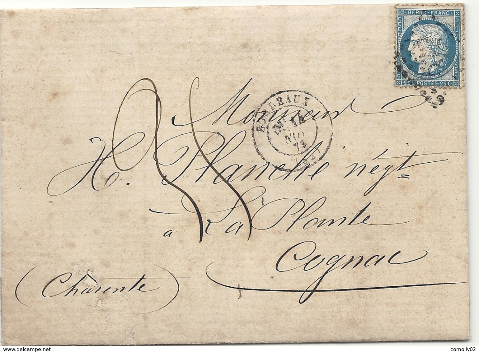 Gironde - Bordeaux Pour La Plante à Cognac. Lettre Taxée 35 Centimes. 1873 - 1849-1876: Periodo Clásico