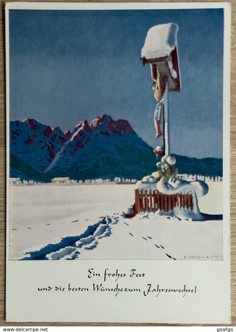 Alte AK Weihnachten Künstler Karte Signiert, Winterlandschaft, Schnee, Berge, Jesus Am Kreuz - Autres & Non Classés