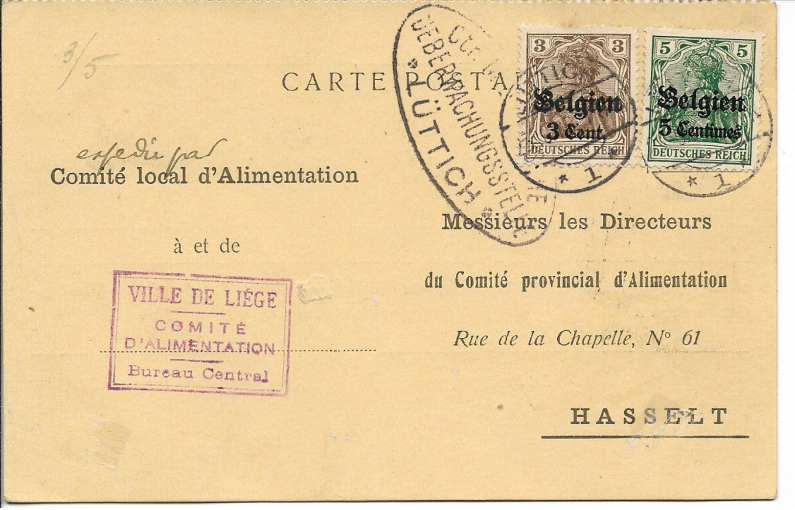 Briefkaart Van Comité Local D'Alimentation Liège Naar Hasselt, - OC1/25 Gouvernement Général