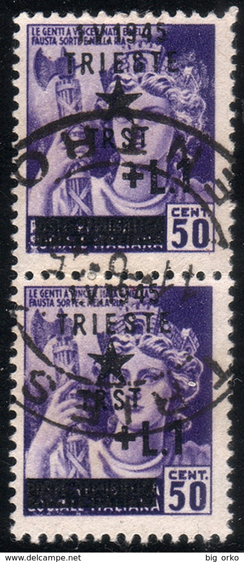 Occupazione Jugoslava: TRIESTE - Monumenti Distrutti Lire 1 Su 50 C. Violetto / Copia Vert. - 1945 - Ocu. Yugoslava: Trieste