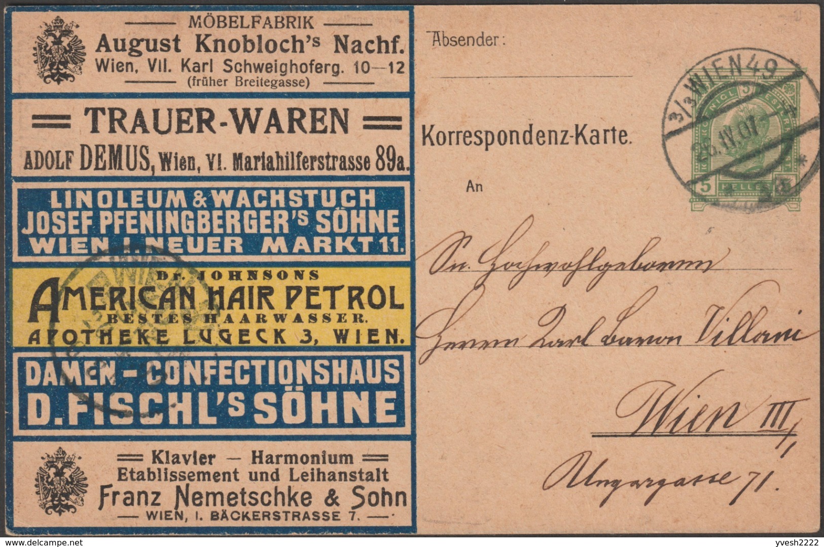 Autriche 1907. Entier Postal Annonces. Piano, Harmonium, Orphéon, Thé De Ceylan, Transport De Meubles, Cheveux Pharmacie - Music