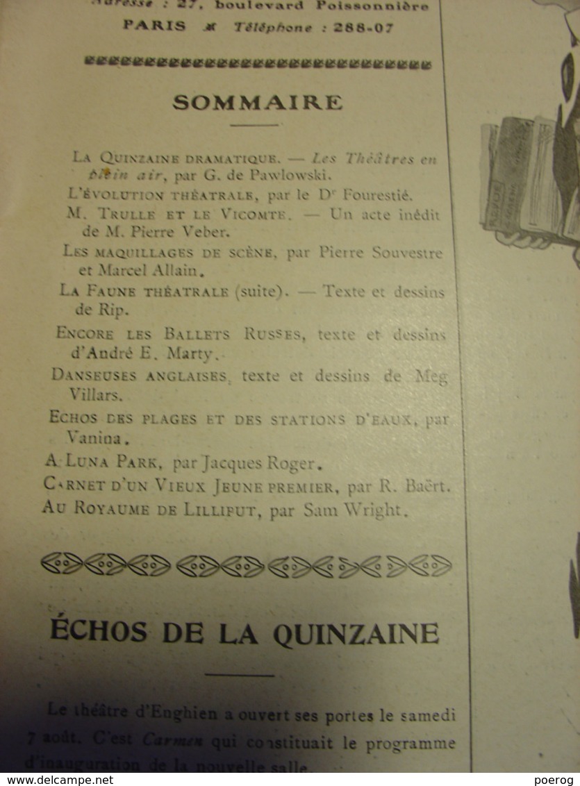 COMOEDIA ILLUSTRE 15 AOUT 1909 - GENEVIEVE VIX PEUGEOT BALLETS RUSSES BILS RIP YVES MAREVER PIERRE VEBER CAUTERETS Etc - 1900 - 1949