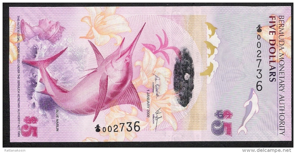 BERMUDA P58a  5  DOLLARS   2009 Prefix:Onion  #002736  Signature 35  UNC. - Bermuda