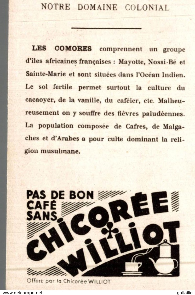 CHROMO CHICOREE WILLIOT NOTRE DOMAINE COLONIAL LES COMORES - Otros & Sin Clasificación