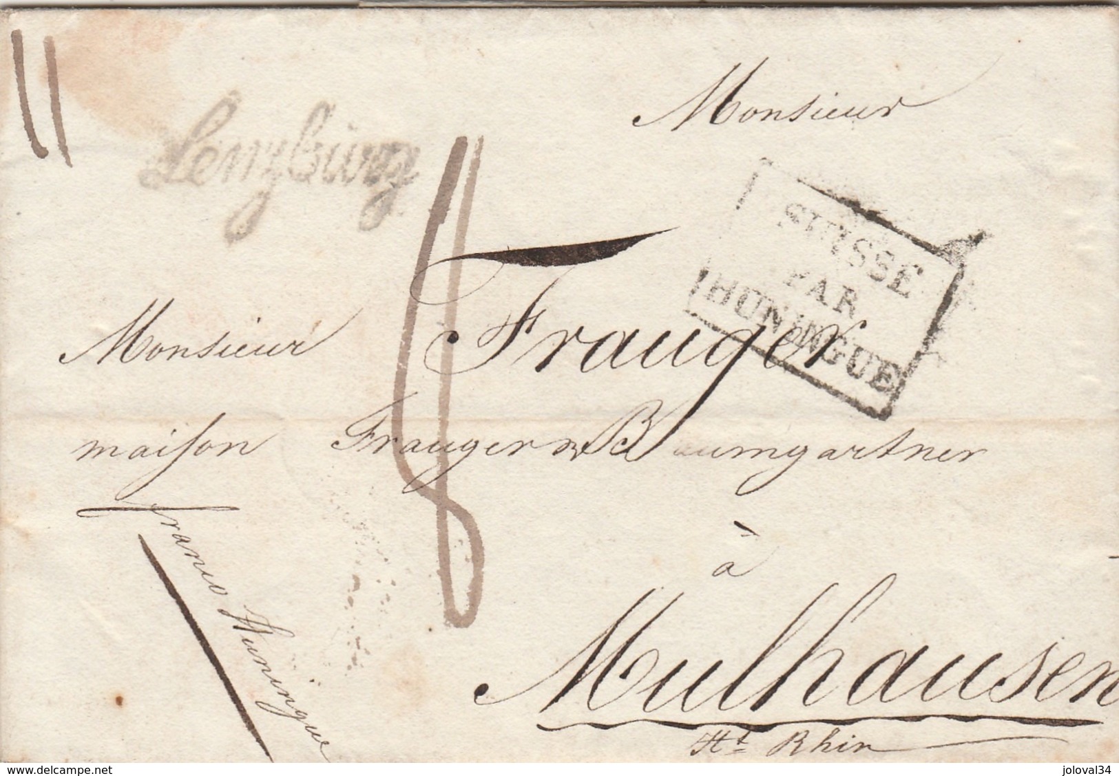 Lettre Marque Postale Cursive LENZBURG Taxe Manuscrite Cachet SUISSE Par HUNINGUE à Mulhouse France Verso PP Port Payé - ...-1845 Voorlopers