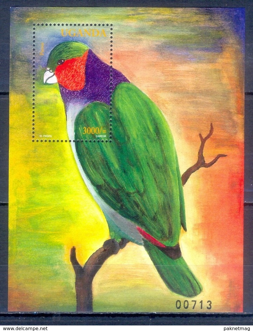 O155- Uganda 2001 Painting. Birds. Parrot. - Uganda (1962-...)