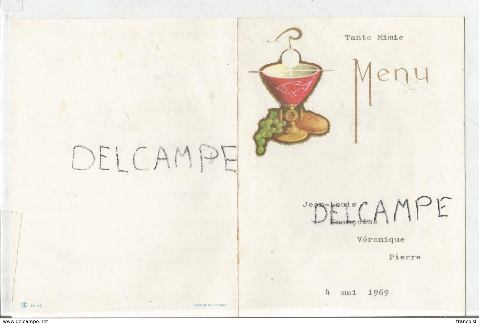 Communion De Jean-Louis, Françoise, Véronique, Pierre Le 4 Mai 1969 - Menus