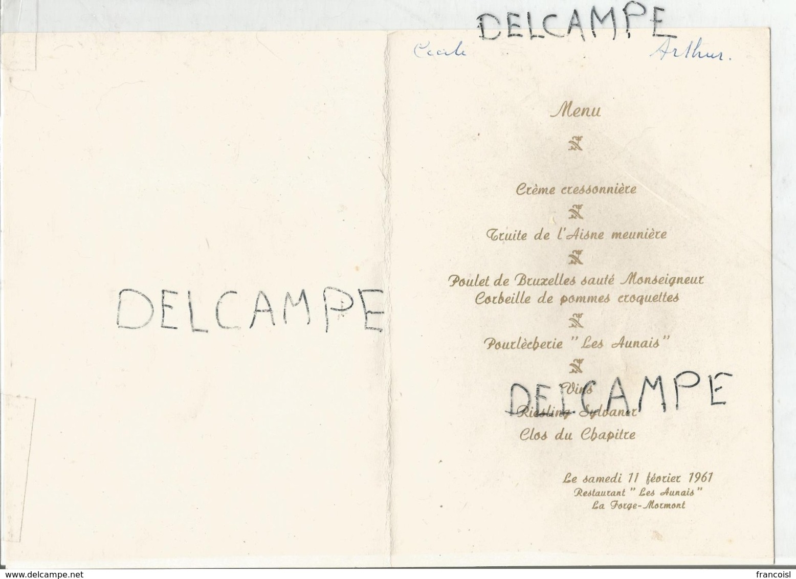 Mariage De Cécile Et Arthur Le 11 Février 1961 - Menus