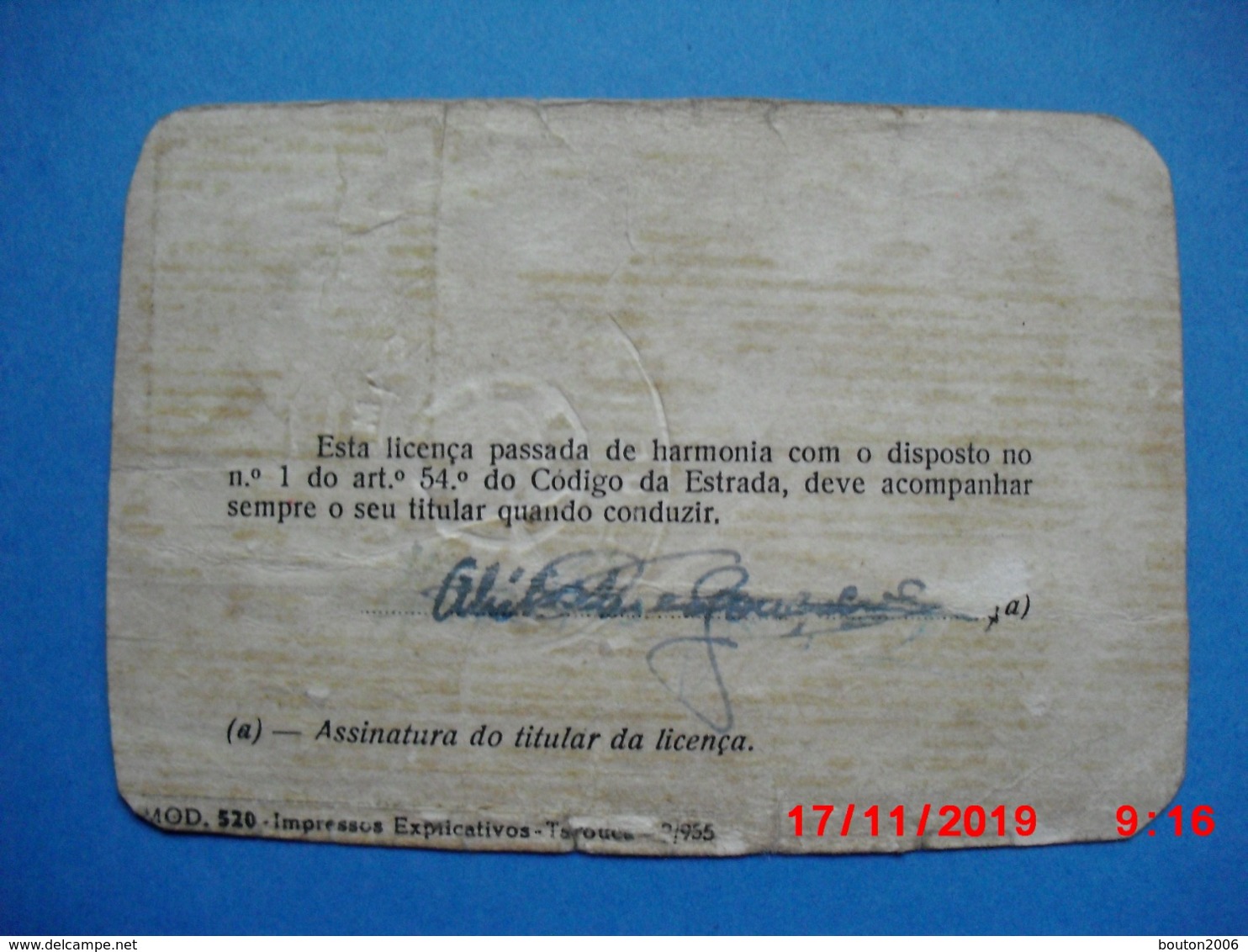 Soza Sosa Vagos Licença De Condução De Velocipedes 1955 - Aveiro