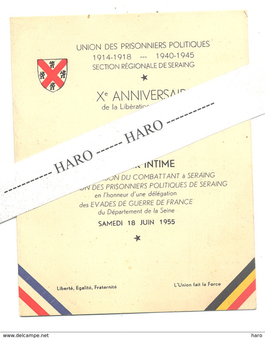 MENU - Union Des Prisonniers Politiques Section De SERAING - Banquet Du Xe Anniversaire 1955- Guerre, France (b269) - Menus