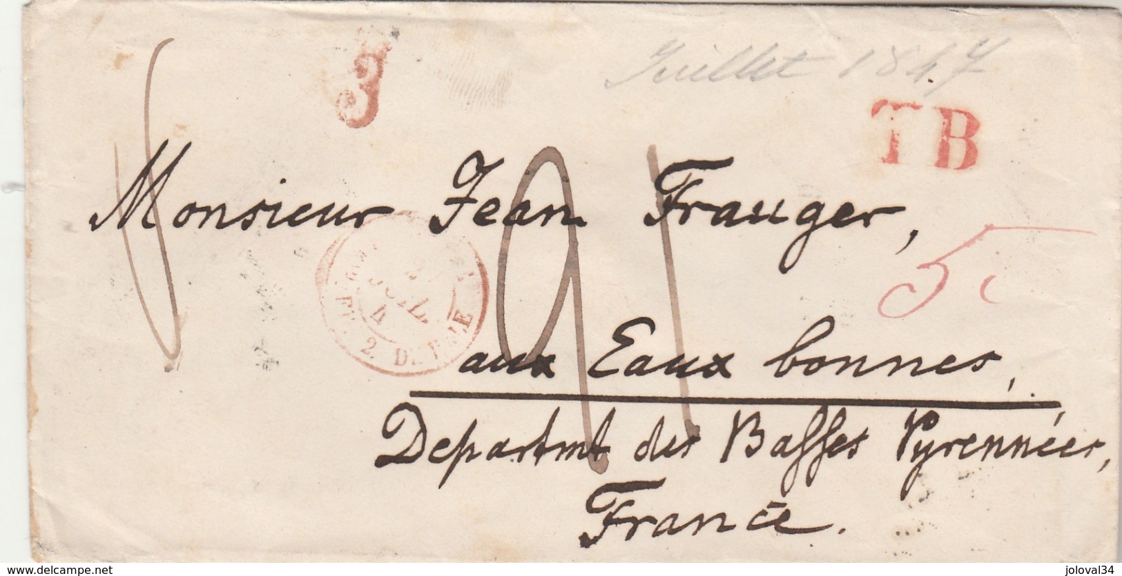 Suisse Lettre LENZBURG 1847 Taxe Manuscrite Cachet Entrée BALE + Marque Passage TB à Eaux Bonnes Basses Pyrénées - ...-1845 Vorphilatelie