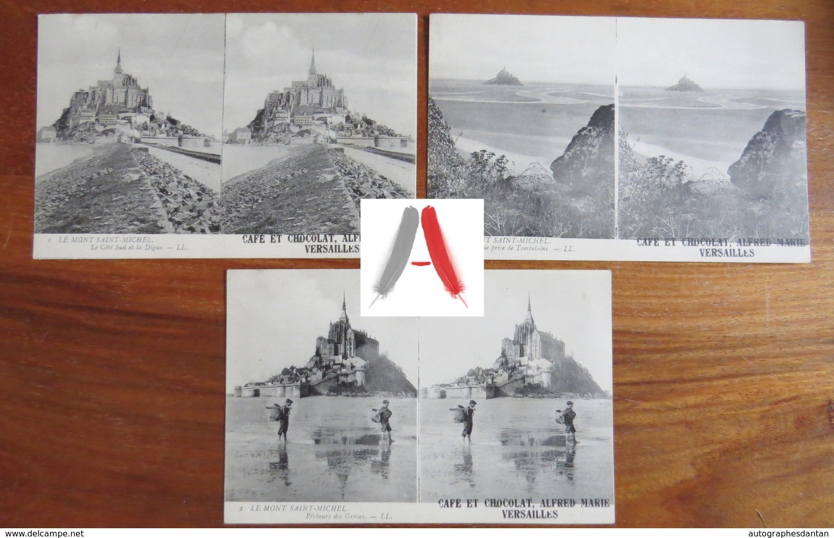 LOT De 3 CPA Stereo Mont Saint Michel - Café Et Chocolat Alfred Marie Versailles - Digue Tombelaine Pêcheurs (Manche) - Le Mont Saint Michel