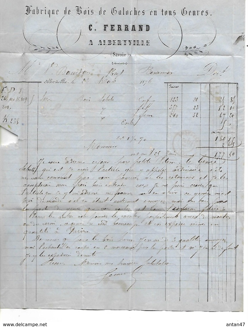 Facture 1876 / 73 ALBERTVILLE / C. FERRAND / Fabrique De Bois,de Galoches / Bourdon, Tanneur à BESANCON - 1800 – 1899