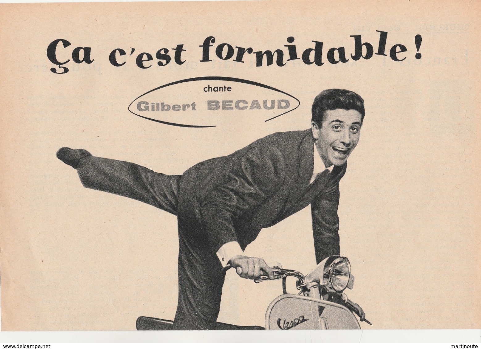 - Publicité 34 Cm X 25 Cm Pour VESPA Gilbert BECAUD - Motos