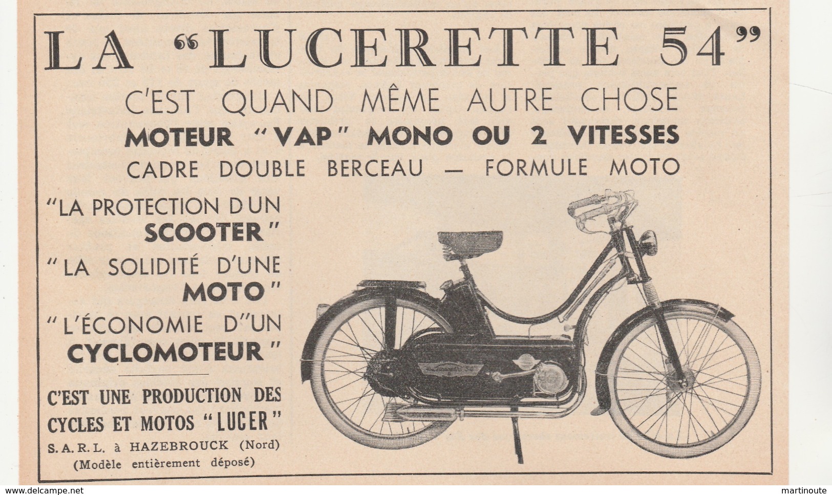 - 59 -  HAZEBROUCK-  Publicité LA " LUCERETTE 54 " , Cyclomoteur - Motorfietsen