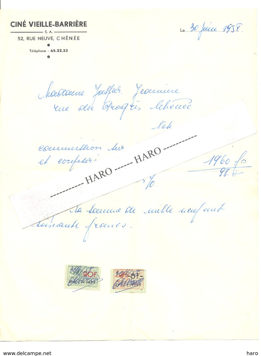 Lettre à Entête " CINE VIEILLE - BARRIERE " à Chênée - Cinema - 1958. (b269) - 1950 - ...