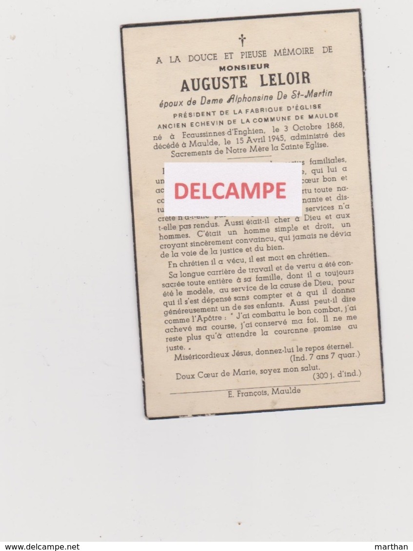 DOODSPRENTJE LELOIR AUGUSTE EPOUX DE SAINT-MARTIN ECAUSSINES D'ENGHIEN MAULDE 1868-1945 ECHEVIN Bewerkt Tegen Kopieren - Devotion Images