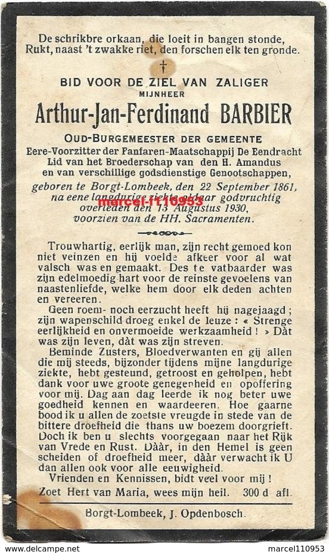 Barbier Arthur  1861/1930- Oud Burgemeester Van  Borchtlombeek - Devotieprenten
