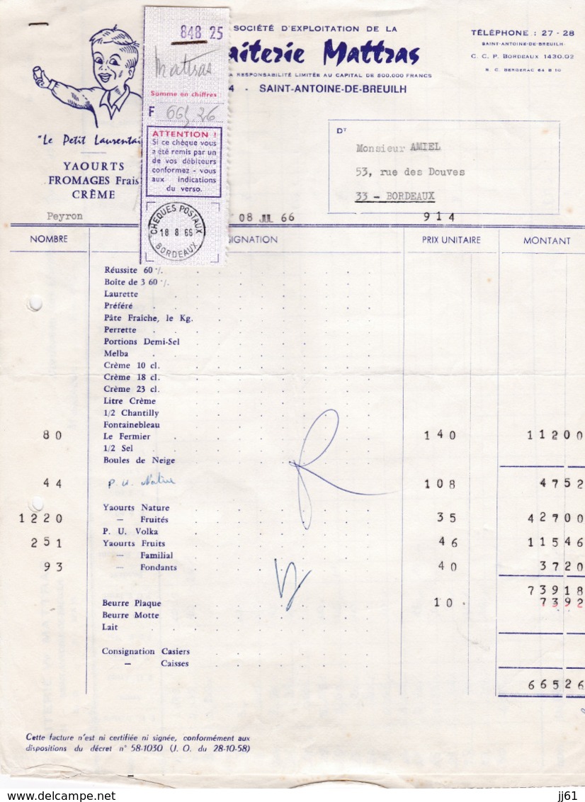 SAINT ANTOINE DE BREUILH LAITERIE MATTRAS YAOURTS FROMAGES FRAIS CREME LE PETIT LAURENTAIS ANNEE 1966 AVEC BORDEREAU - Autres & Non Classés