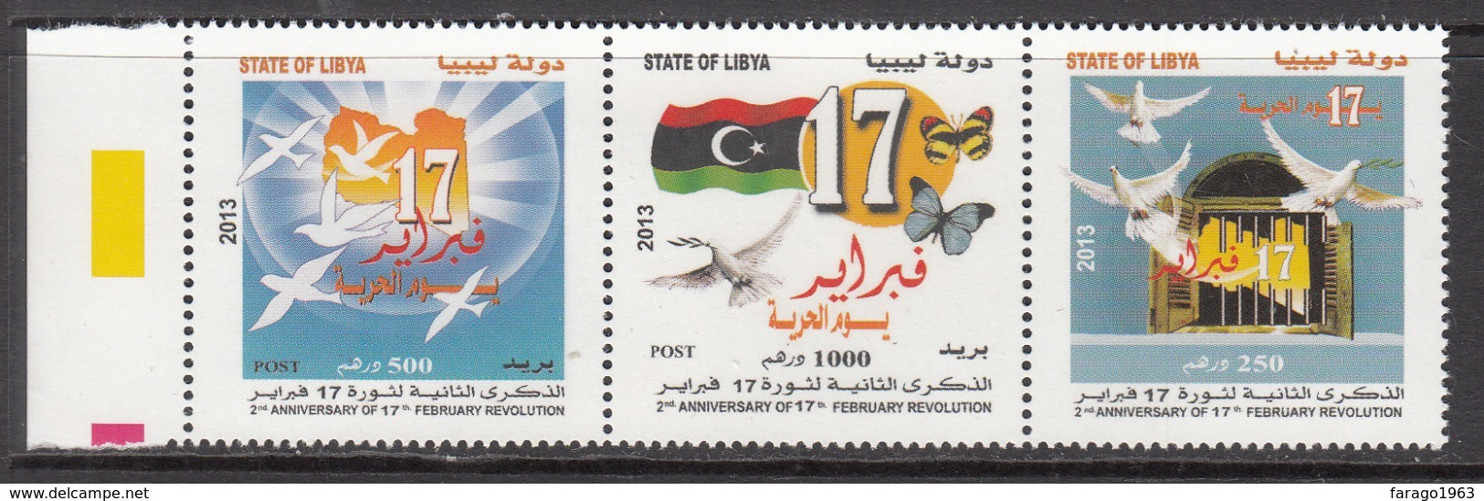 2013 Libya Libia Revolution Complete Strip Of 3 MNH - Libia