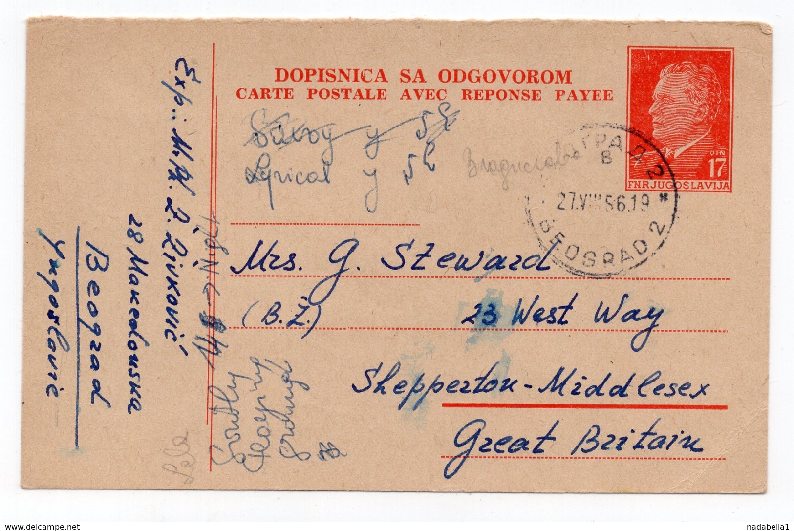 1956 YUGOSLAVIA, SERBIA, 17 DINARA CARD WITH REPLAY, BELGRADE TO SHEPPERTON, UK, STATIONERY CARD, USED - Postal Stationery