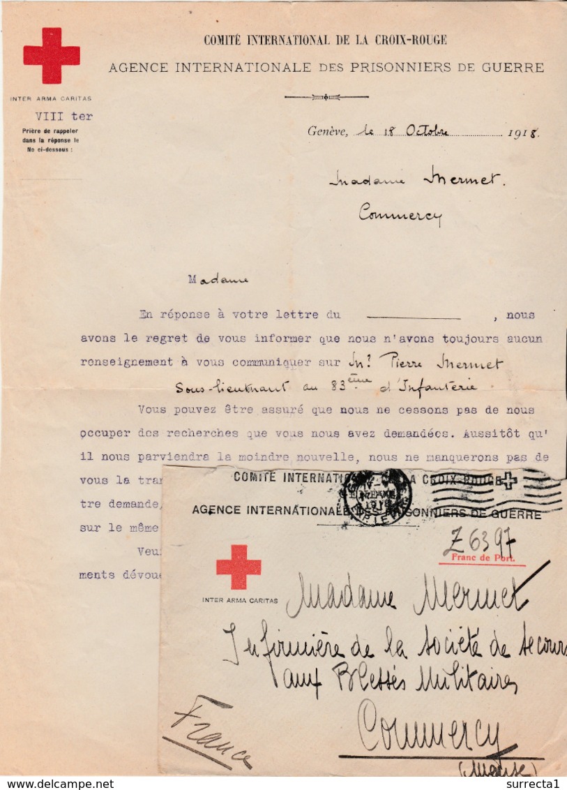 Octobre 18 / Lettre + Env Comité Croix-Rouge Prisonniers Guerre Genève /Recherches Disparu Sous-Lieutenant Pierre Mermet - 1914-18