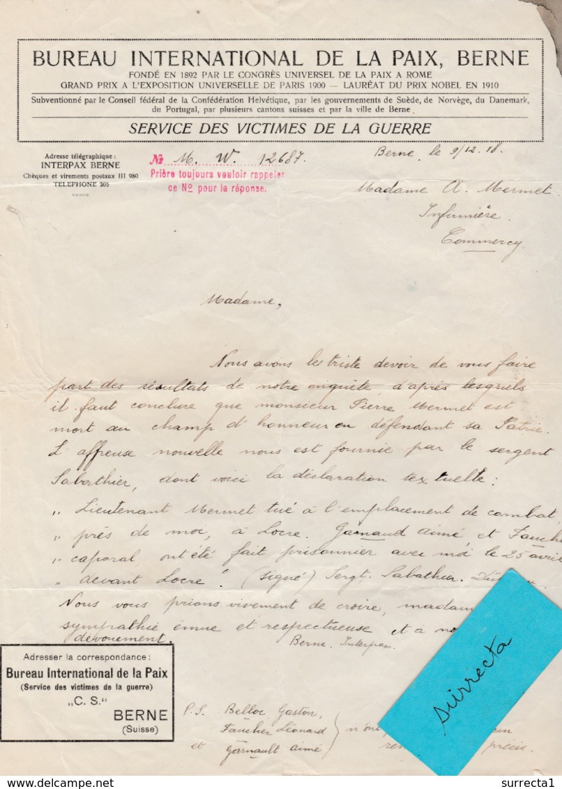 Décembre 18 / Sce Victimes Guerre Berne Suisse / Mort Du Lieutenant Pierre Mermet Au Champ D'Honneur à Locre - 1914-18