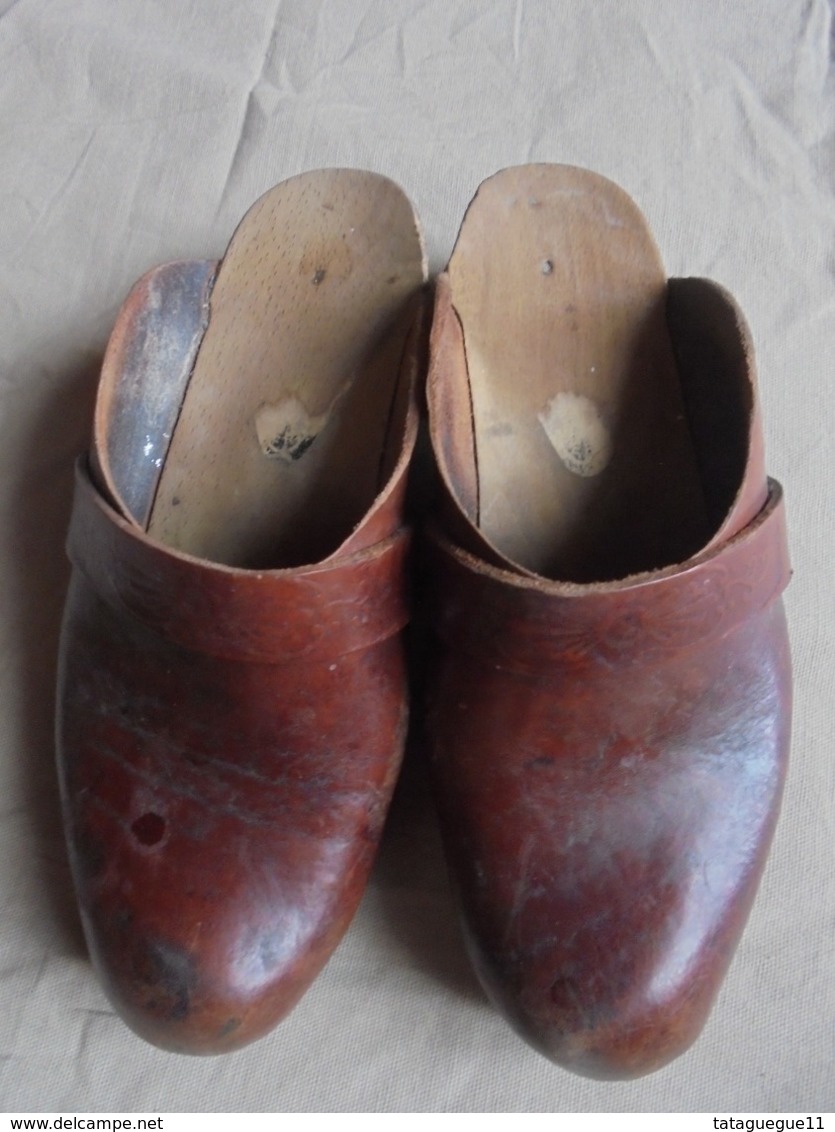 Vintage - Paire De Sabots En Bois Et Cuir Marron - Schoenen