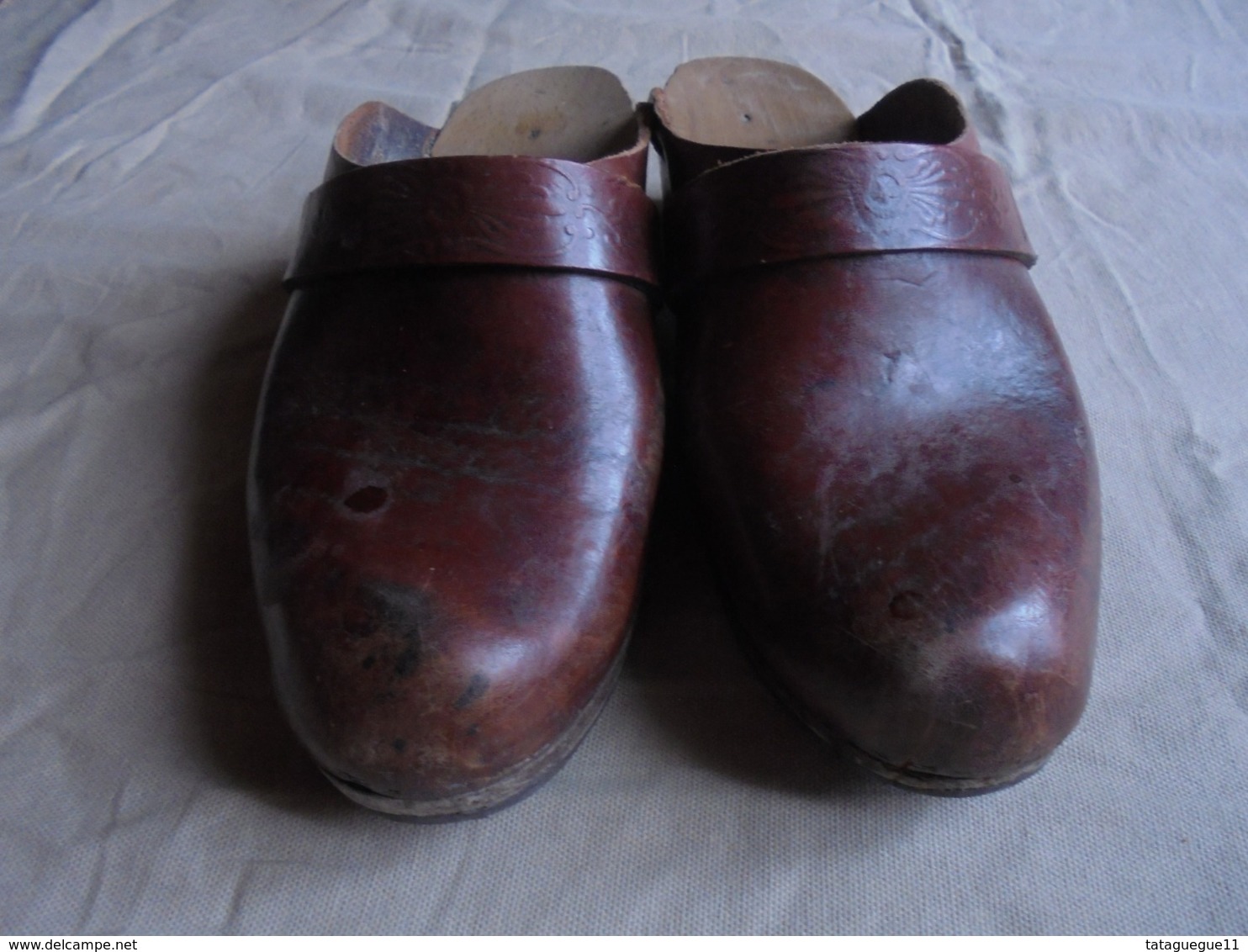 Vintage - Paire De Sabots En Bois Et Cuir Marron - Chaussures