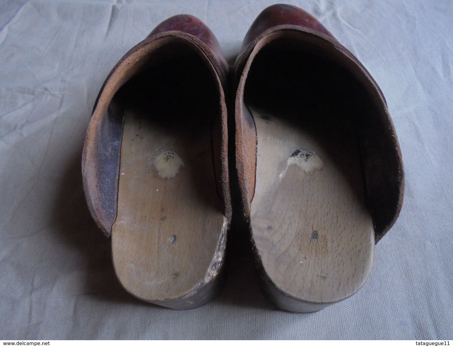 Vintage - Paire De Sabots En Bois Et Cuir Marron - Chaussures