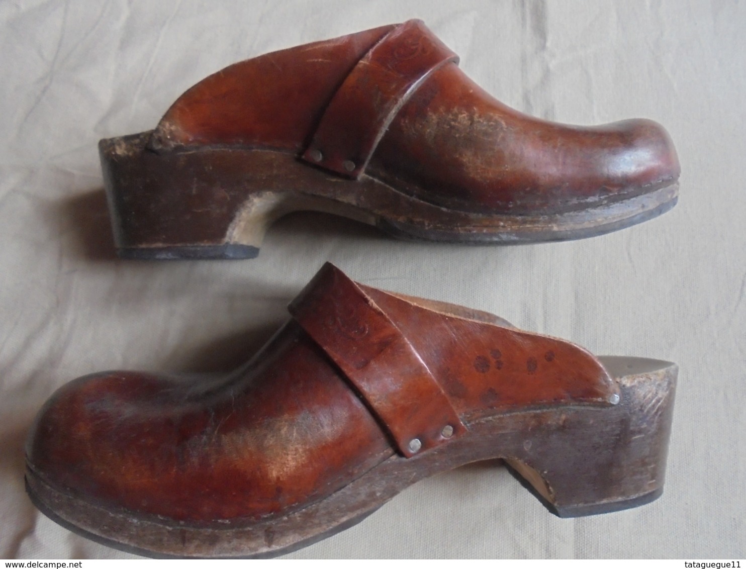 Vintage - Paire De Sabots En Bois Et Cuir Marron - Schuhe