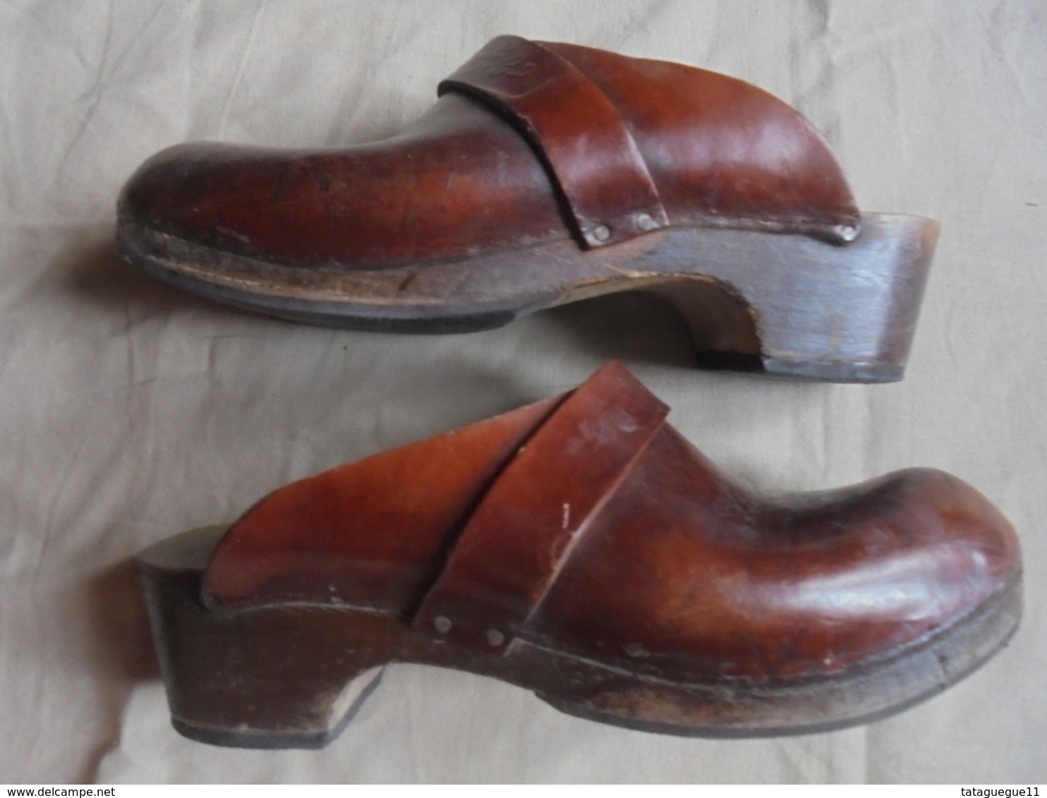 Vintage - Paire De Sabots En Bois Et Cuir Marron - Chaussures