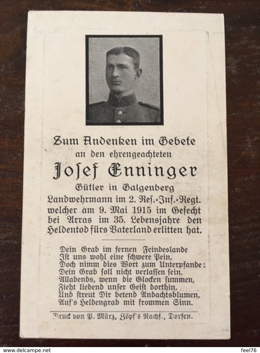 Sterbebild Wk1 Ww1 Bidprentje Avis Décès Deathcard RIR2 ARRAS 9. Mai 1915 Aus Galgenberg - 1914-18