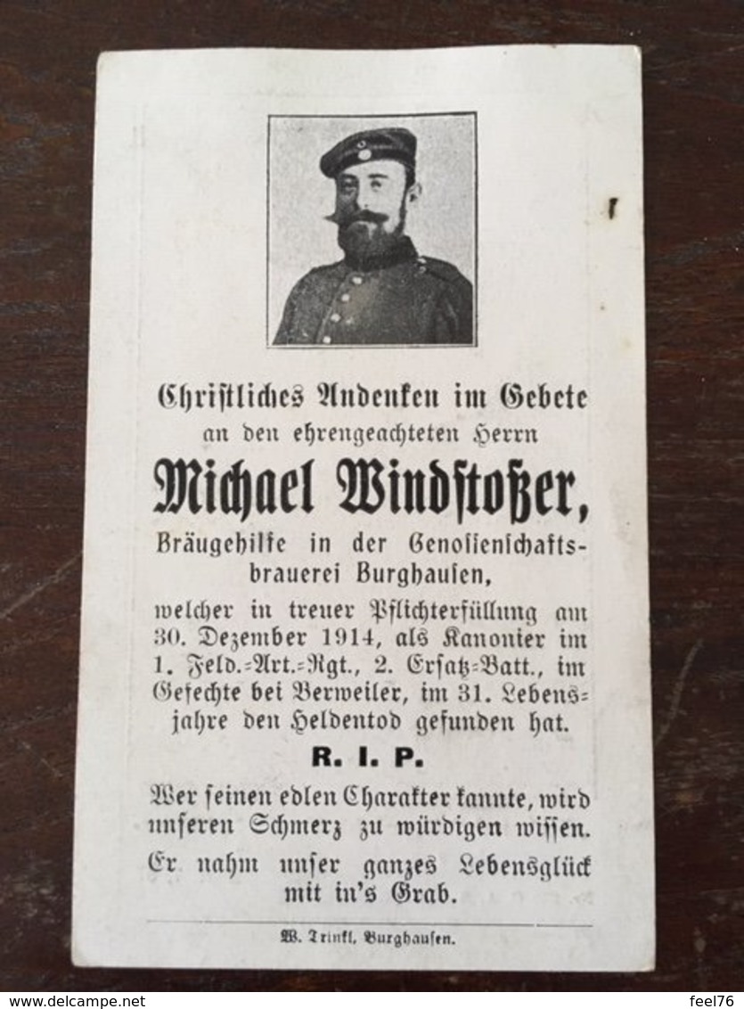 Sterbebild Wk1 Ww1 Bidprentje Avis Décès Deathcard FAR1 BERWEILER BREITENBACH Block 1 Grab 220 Aus Burghausen - 1914-18