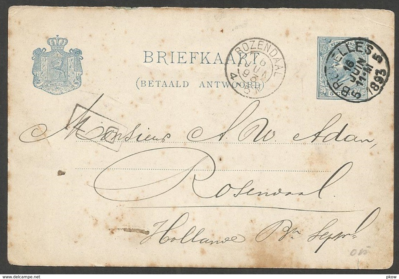 Antwoordbriefkaart Geuzendam 26 Van Bruxelles (Brussel), Terug Naar Rozendaal, 16 Juni 1893 - Material Postal
