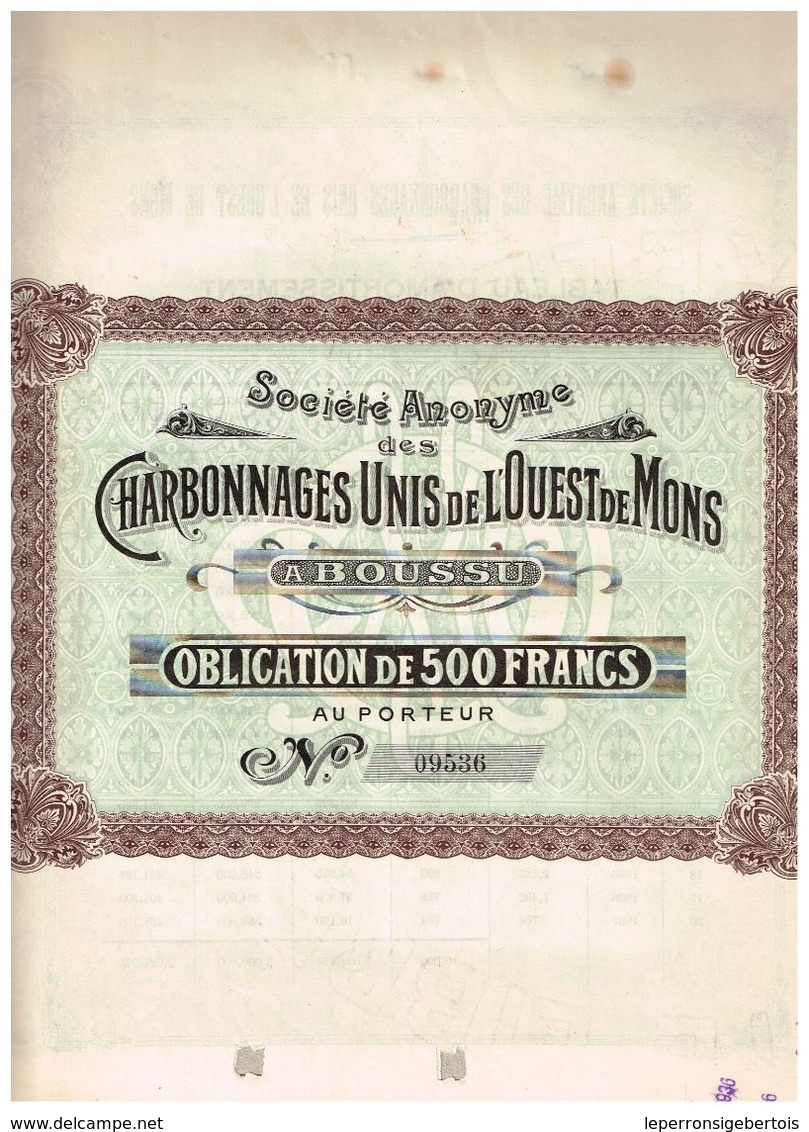 Obligation Ancienne - Sté Anonyme Des Charbonnages Unis De L'Ouest De Mons - Titre De 1916 N°09255 - Mijnen