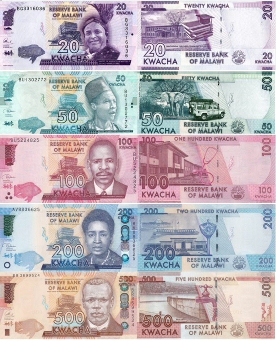 MALAWI Set (5v) 20 50 100 200 500 Kwacha 2017 - 2019 P 60, 63-66 UNC - Malawi