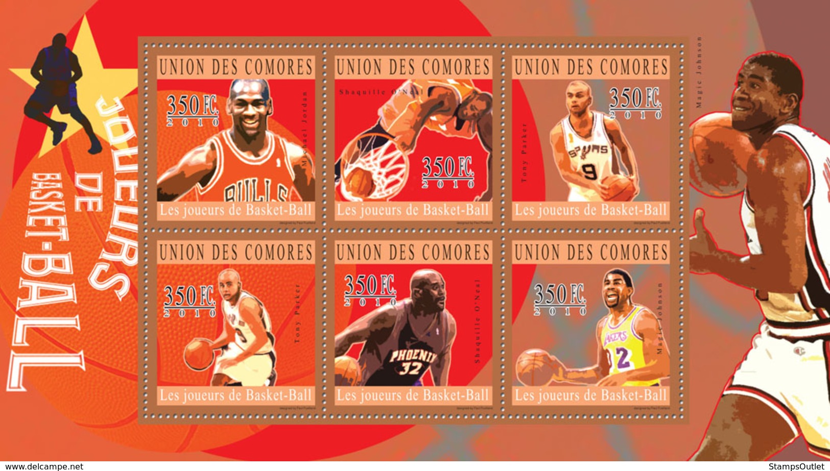 COMORES 2010 - Basketball (Michael Jordan... Magic Johnson). YT 2095-2100, Mi 2859-2864 - Komoren (1975-...)