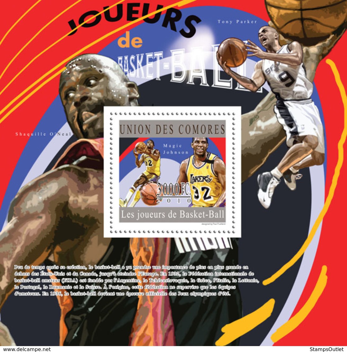 COMORES 2010 - Basketball (Magic Johnson). YT 288, Mi 2871/BL601 - Komoren (1975-...)